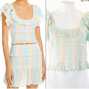 NWT LoveShackFancy Saba Smocked Ruffle Crop Top Positano Blue Top Size Large NEW